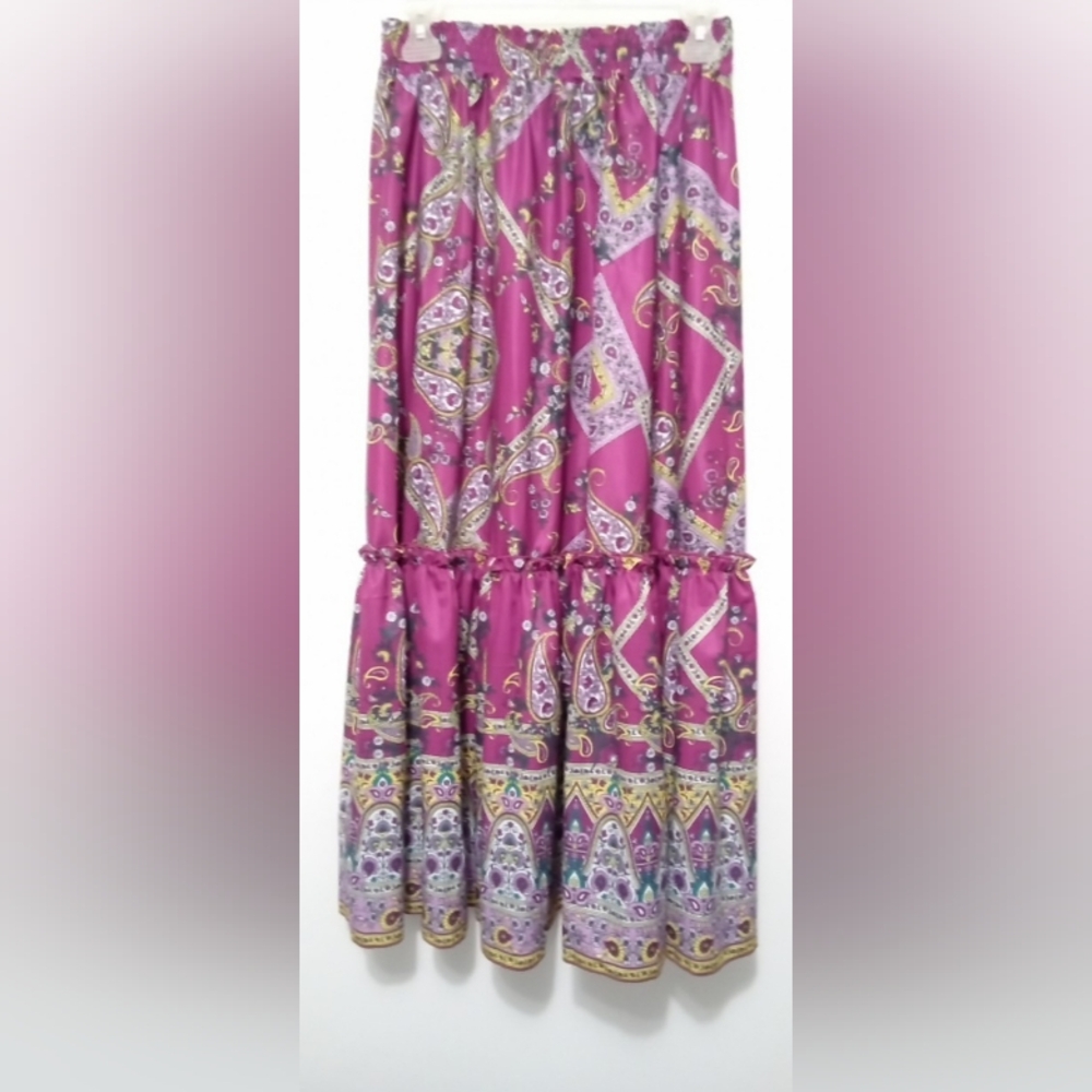Magenta Paisley Print Tiered Maxi Skirt